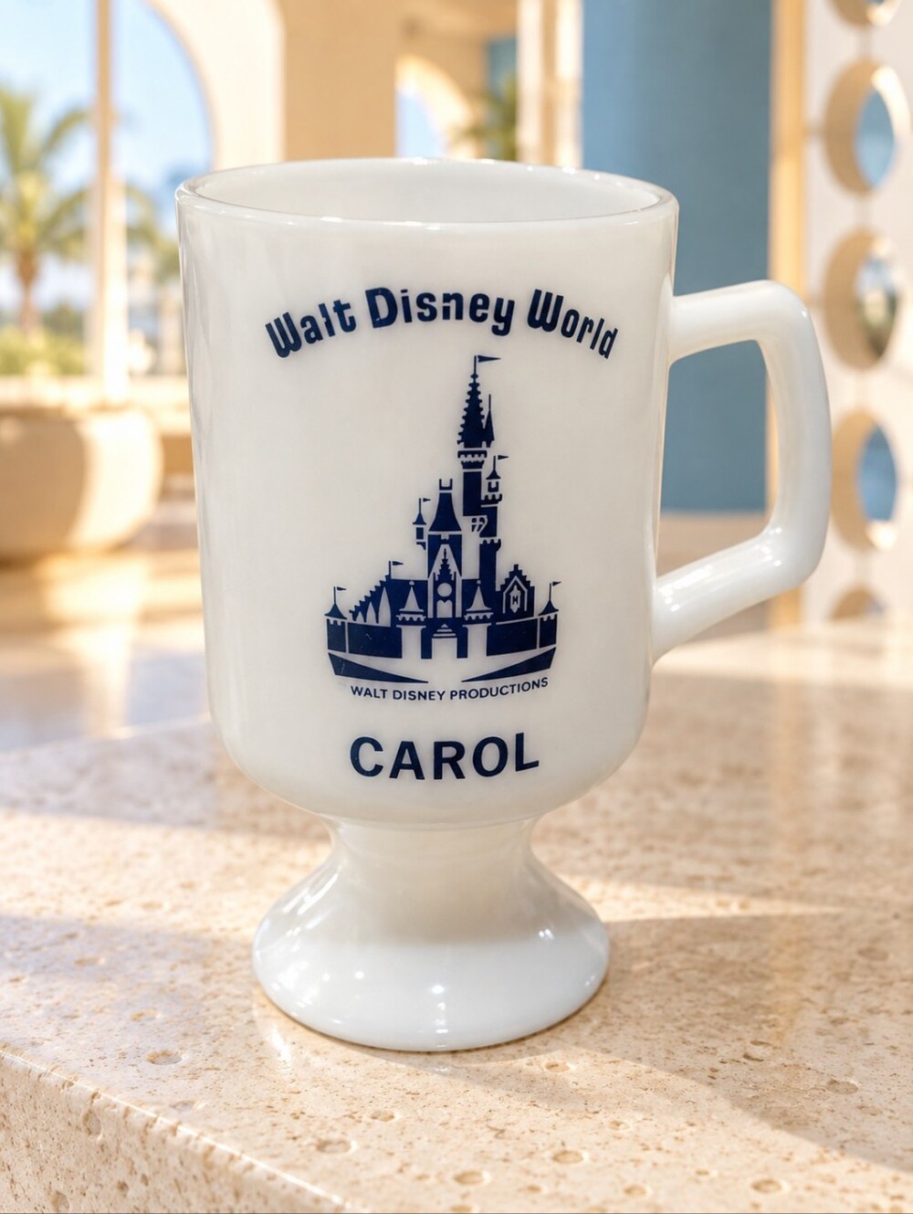 Vintage 1970s Walt Disney World Carol Milk Glass Pedestal Castle Mug